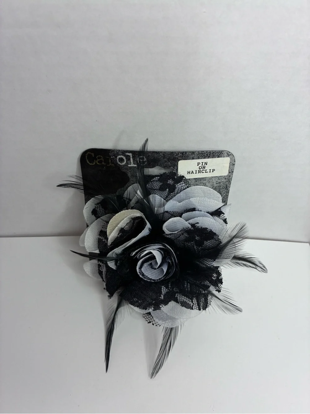 Carole Black And White Floral Feather Brooch And Hair Clip Gothic Emo Style